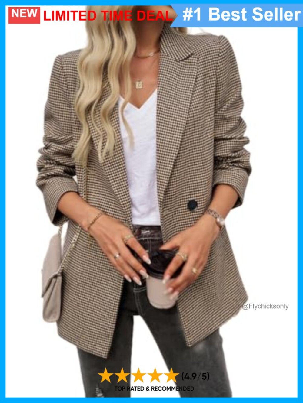 Womens Houndstooth Blazer Notch Lapel Open Front Office Work Jacket Pockets